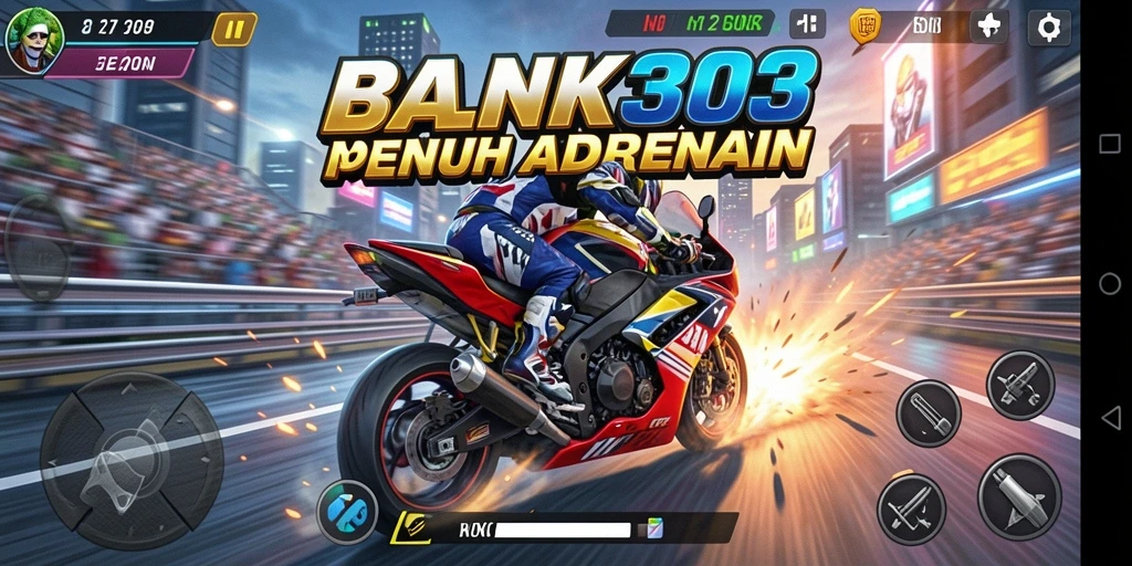 Screenshot BANK303 menampilkan aksi balapan motor yang intens.