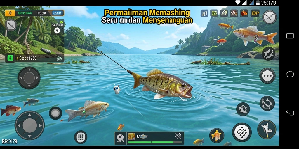 Screenshot utama BRO178 menampilkan aksi memancing di lokasi indah.