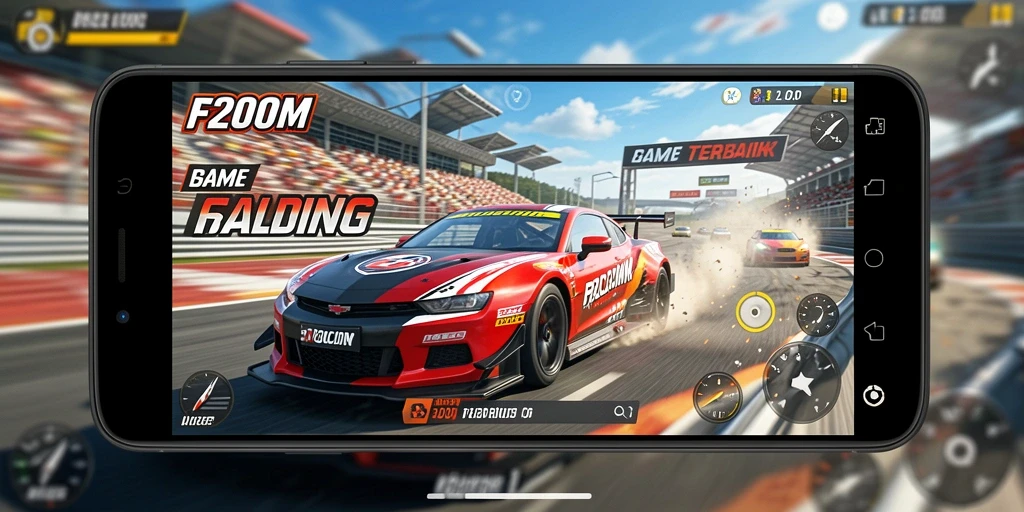 Tampilan menarik dari gameplay F200M dengan mobil balap yang melaju kencang.