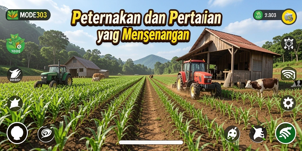 Tangkapan layar utama MODE303 menampilkan peternakan yang indah dan gameplay yang menarik.
