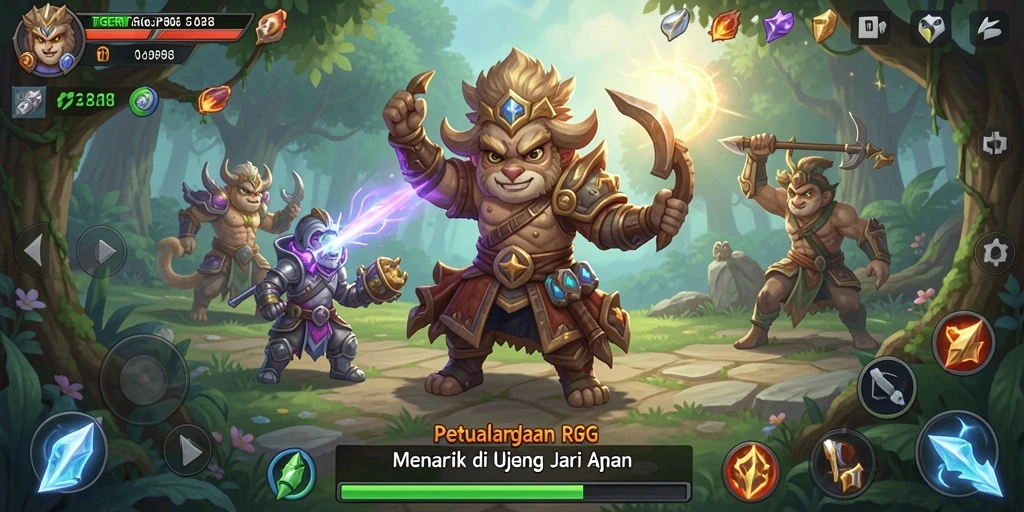 Screenshot utama TIGERJP88 menampilkan pertarungan karakter RPG yang intens.